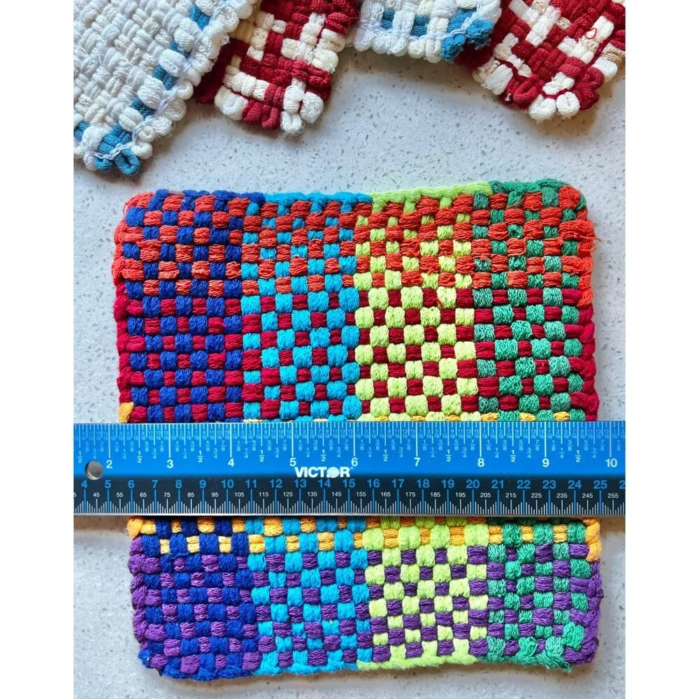 Handwoven Cotton Pot Holders Set Of 5 - Multicolor Large & Red/White/Blue Small